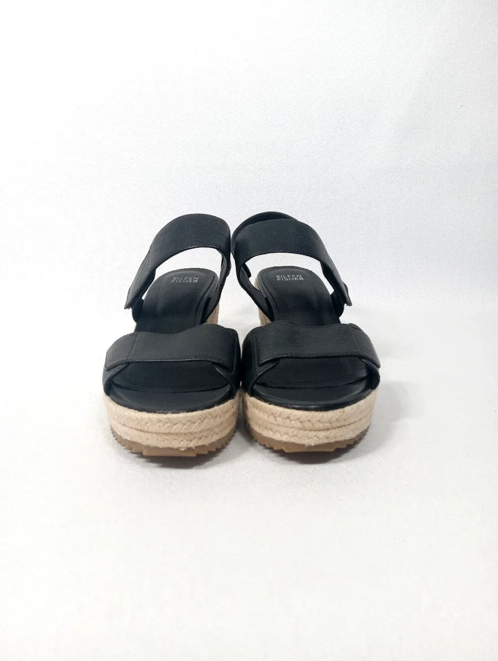 EILEEN FISHER 'Winnie' Black Leather Espadrille Wedge Sandals Women's Size 8